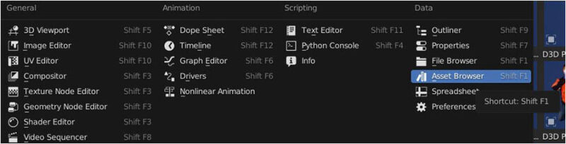 The asset browser editor selected from Blender editors. 