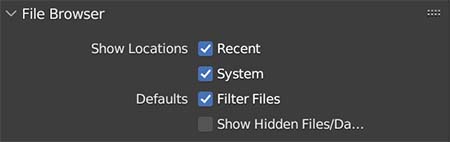Blender file browser user preferences show a series of checkboxes for various settings. 