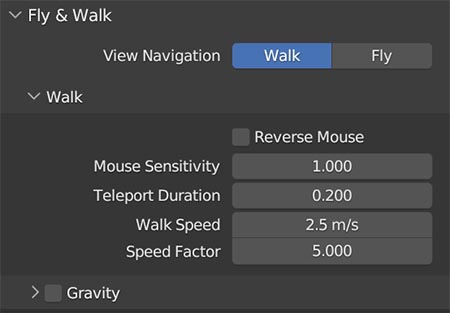 Walk and Fly settings control walk and fly mode for navigation in the Blender 3D viewport. 