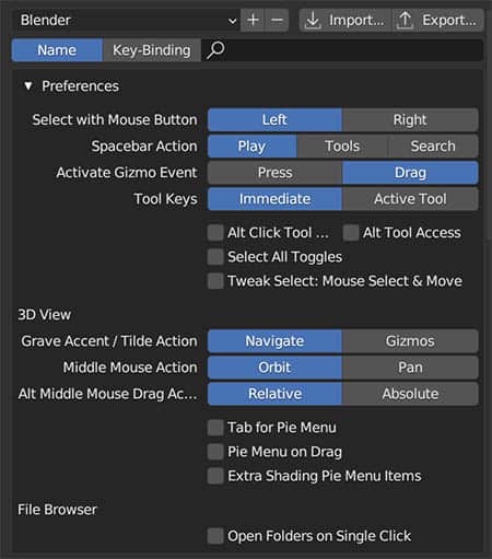 In the Blender Keymap Preferences, we see options to change the mouse and 3D view preference settings. 