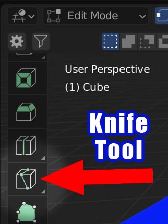 The knife tool icon in the Blender 3D viewport toolbar is highlighted. 