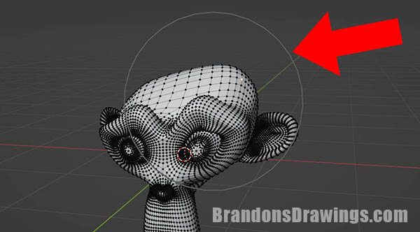 The circle representing the proportional editing falloff radius is highlighted in the Blender 3D viewport. 