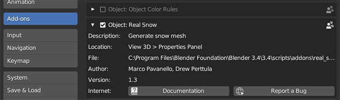 In the Blender add-on preferences, the Real Snow add-on is activated. 