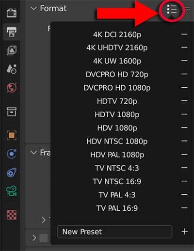 Fourteen common render presets are displayed in the expanded presets menu of the output properties tab. 