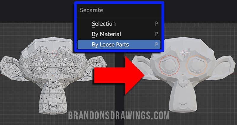A Suzanne Monkey is separated into three objects by loose parts in the Blender 3D viewport. 