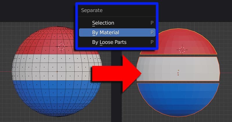 A 3D sphere is separated into three different objects by materials. The red, white and blue sections are now three objects in the Blender 3D viewport. 