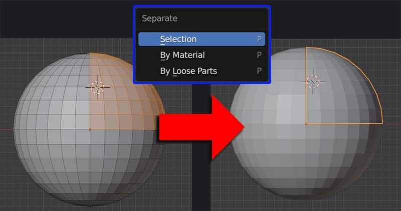 The selected portion of 3D sphere is separated into a different object in the Blender 3D viewport. 