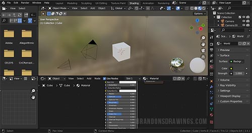 The shading workspace in Blender with a viewport and shader editor. 