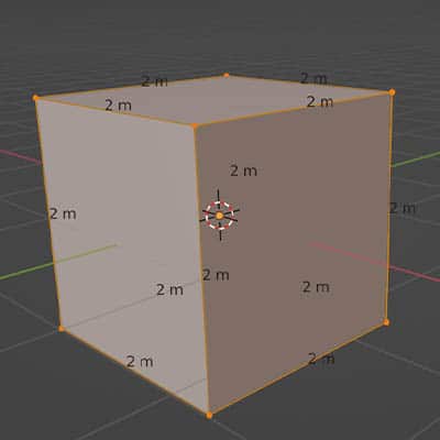 The edge length is displayed in meters for the Blender default cube in edit mode. 