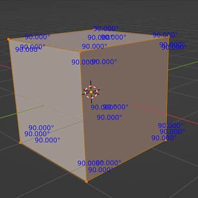 The face angle is displayed in degrees for the Blender default cube in edit mode. 