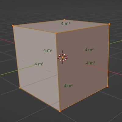 The face area is displayed in squared meters for the Blender default cube in edit mode. 