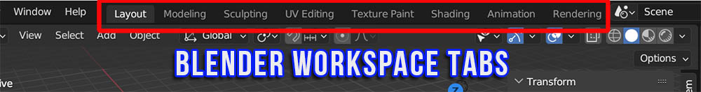 The default workspaces in Blender are highlighted in the top of the user interface. 