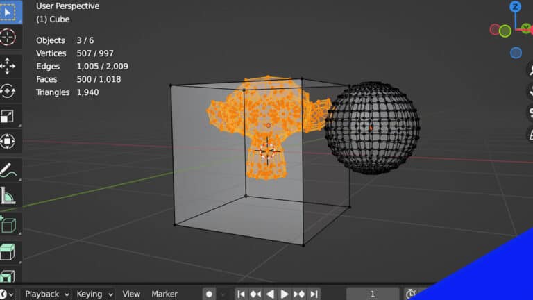 A transparent cube seen through in x-ray mode in Blender.