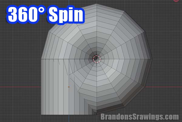 The spin tool in Blender has spun the selected geometry 360 degrees by default in the 3D viewport. 