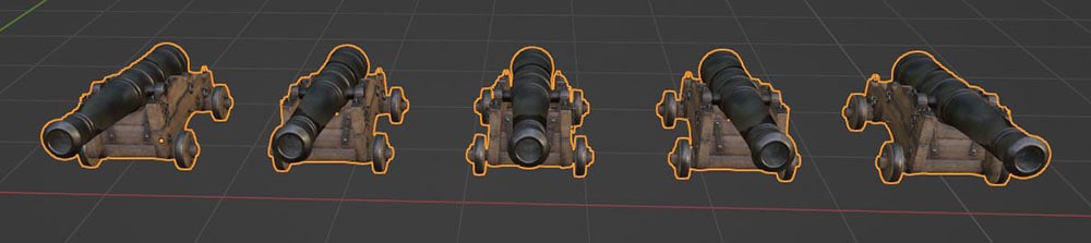 An array modifier placed onto a 3D cannon model causes five identical copies of the 3D object to be created in Blender. 