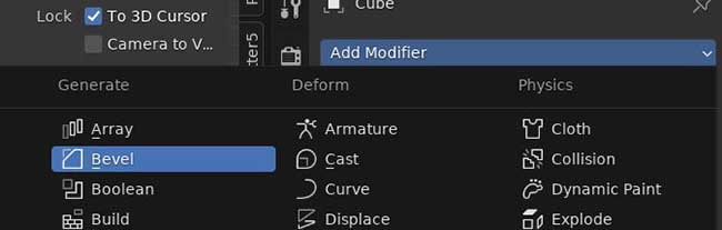 The Bevel Modifier is selected from a list of available modifiers to add in Blender.