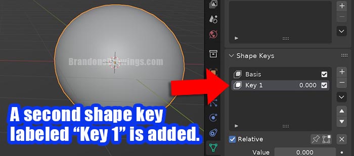 A second shape key labeled "Key 1" has been added to the shape key panel in Blender. 