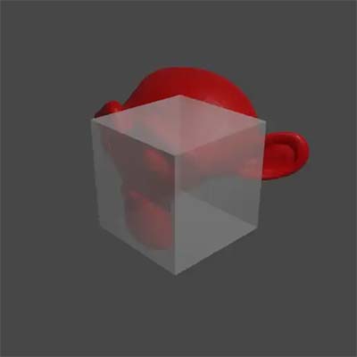 A transparent cube in front of a red Suzanne monkey demonstrates the proper transparent shading settings in Eevee.