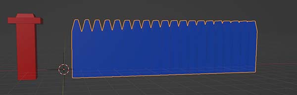 A 3D model of a blue fence and red end piece are displayed in the Blender 3D viewport. 