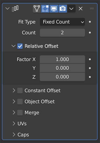 The array modifier settings in the modifier properties panel of Blender. 
