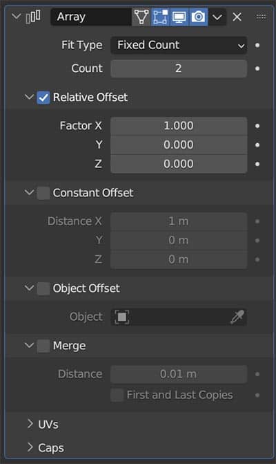 All settings for the Blender array modifier are displayed in the modifier properties panel. 
