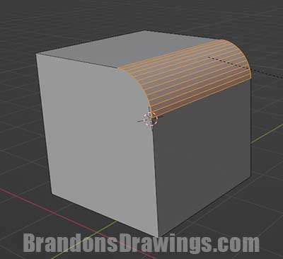 One edge of the Blender default cube is beveled using the bevel tool.