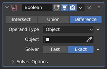 The boolean modifier settings in the modifier properties panel. 