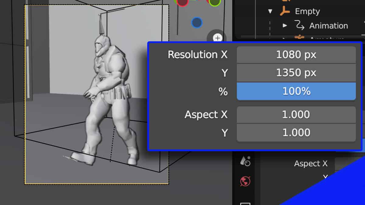 a 3d character in a blender scene and the resolution settings