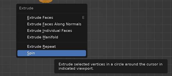 Using Alt+E the "Extrude" context menu is displayed in Blender with the Spin tool highlighted. 