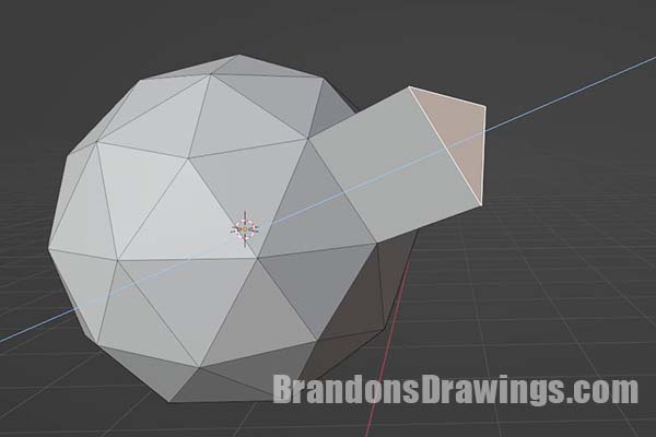 A single face of an icosphere is extruded along the face's normal in Blender Edit Mode.