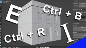 A low poly house created with hard surface modeling in the Blender 3D viewport with letters representing keyboard shortcuts for modeling tools.