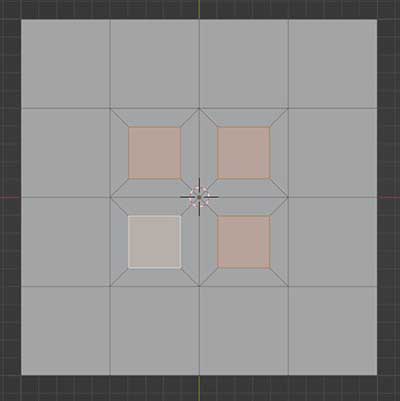 Four interior faces of a subdivided plane are inset individually in Blender. 