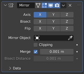 The settings for the Blender Mirror Modifier in the properties panel. 