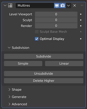 Settings for the multires or multiresolution modifier are shown in Blender's properties panel. 