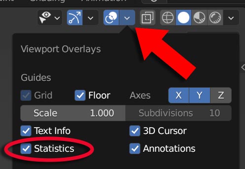 The overlays menu in the 3D viewport is open and the scene statistics box is checked. 