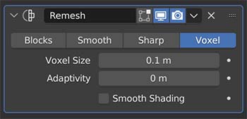 Blender remesh modifier controls shown in the properties panel. 