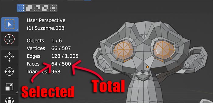Scene statistics in edit mode show how many faces and vertices are selected vs how many the object has. 