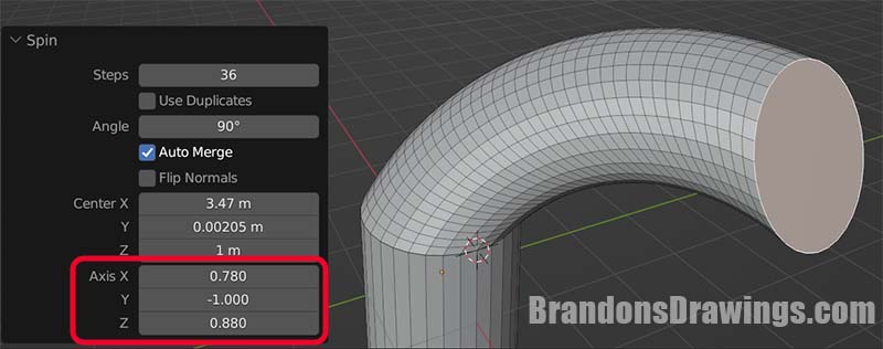 The axis settings are adjusted on the spin tool to cause a cylinder to spin along more than one axis in the 3D viewport. 