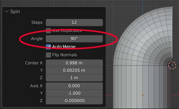 The spin tool was used on an object in Blender and the angle setting is at 90 degrees. 
