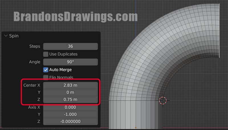 The center settings for the Blender spin tool have been adjusted to offset the pivot point and change the shape of the extruded geometry. 