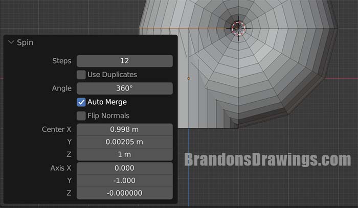 After using the spin tool in Blender, the operator panel opens in the viewport with controls for steps, angle and pivot point of the spin operation.