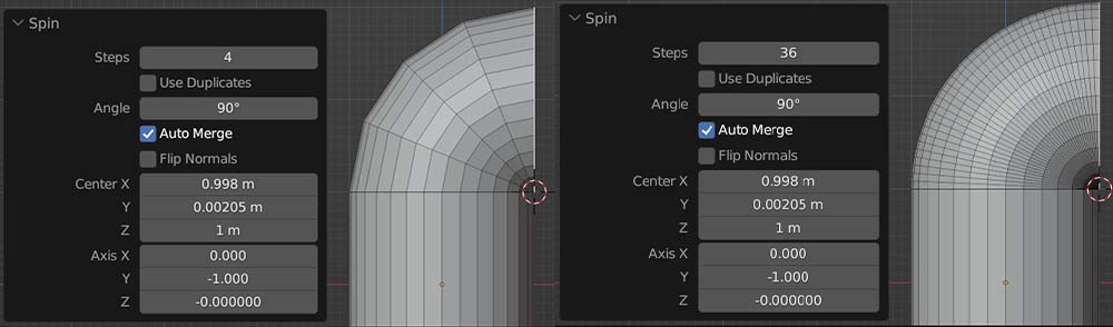 Two cylinders in Blender are compared. The left had the spin tool used with four segments. The right had the spin tool used with 36 segments and is smoother.