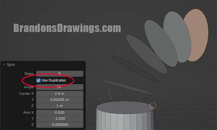 The spin tool is used on a cylinder in Blender and the "Use Duplicates" box is checked in the operator panel. This causes unconnected geometry to be formed with each extrusion. 