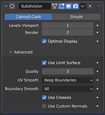 A subdivision surface modifier's controls display in the properties panel. 