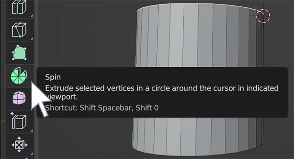 The Blender spin tool icon is pointed to in the 3D viewport toolbar. 