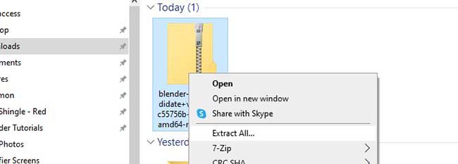 A zip file containing the Blender file is displayed in a window. 