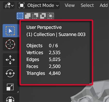 Scene statistics including objects, vertices, edges, faces and triangles are displayed in the 3D viewport. 