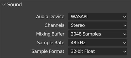 Blender sound settings displayed in the user preferences. 