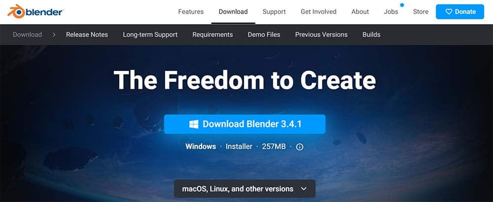The official Blender download home page at Blender.org.