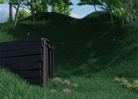 A nature scene with grass and clumps of flowers created with a particle system. 